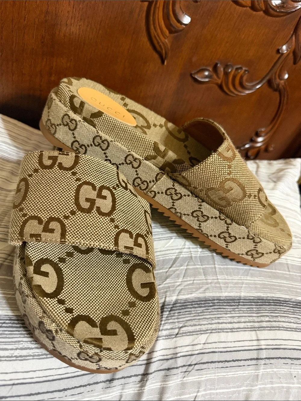 Gucci Brown & Beige GG Canvas Slide Sandals Platform Slidders size 44